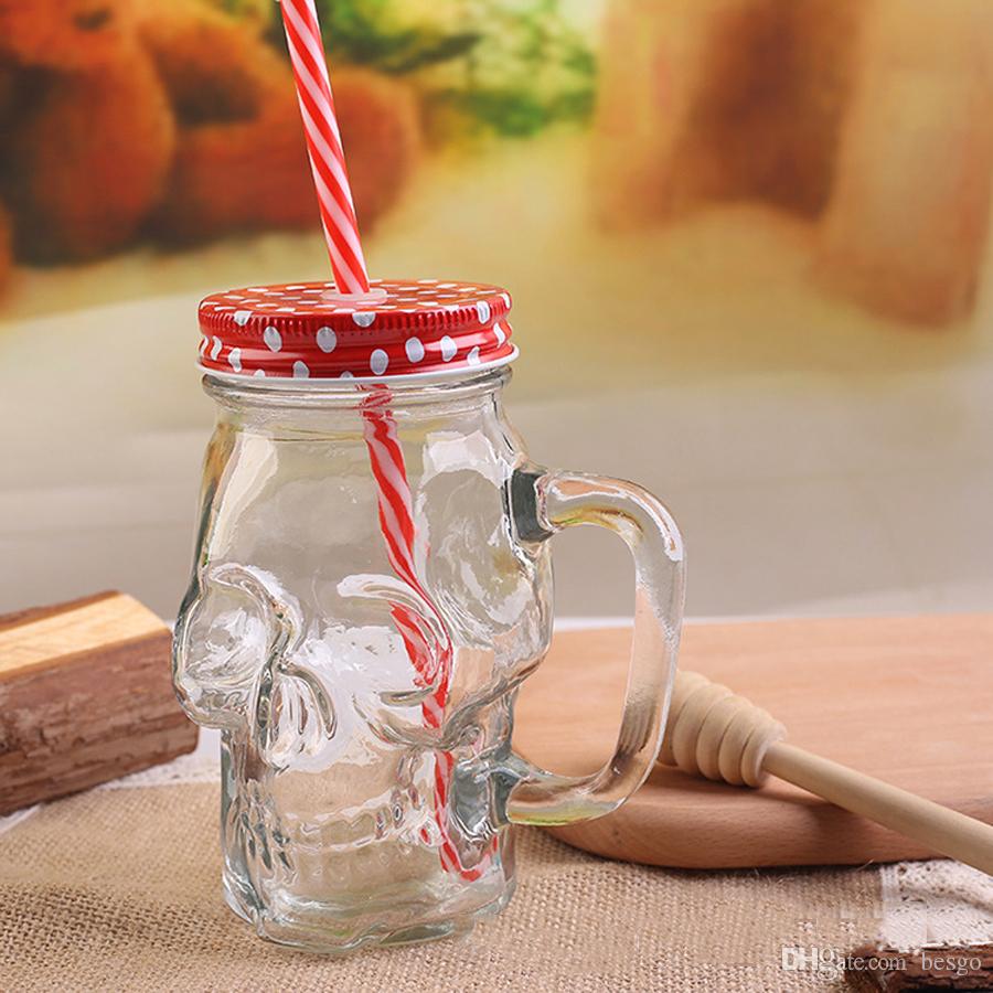 

Skull Straw Glass Mug With Lid Handle 400ml Large Mason Juice Drink Cup Creative SKull Shaped Mug Cold Drinking Bottles DH1189-1 T03, Mix colors