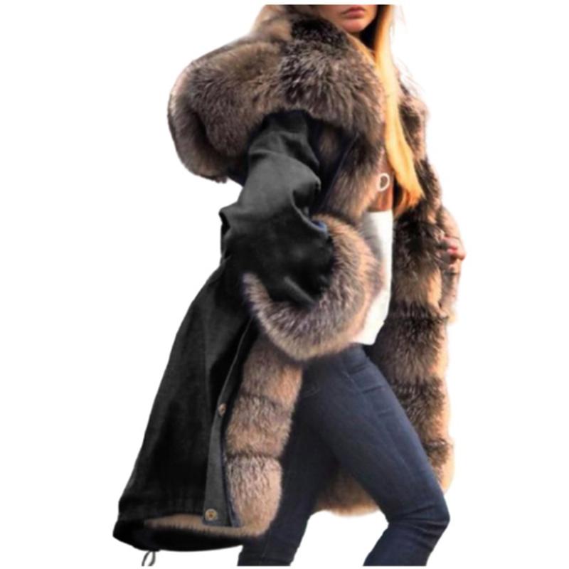 

Western Style Faux Fur Overcoat Autumn Winter Fashion Loose Thicken Keep Warm Hooded Single-breasted Solid Color Long Sleeve, Blue