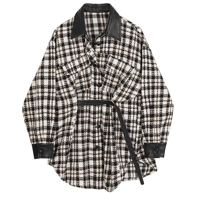 

2020 Women' Coat Loose Fit Black Pu Leather Plaid Big Size Woolen Coat Parkas New Long Sleeve For Autumn Winter