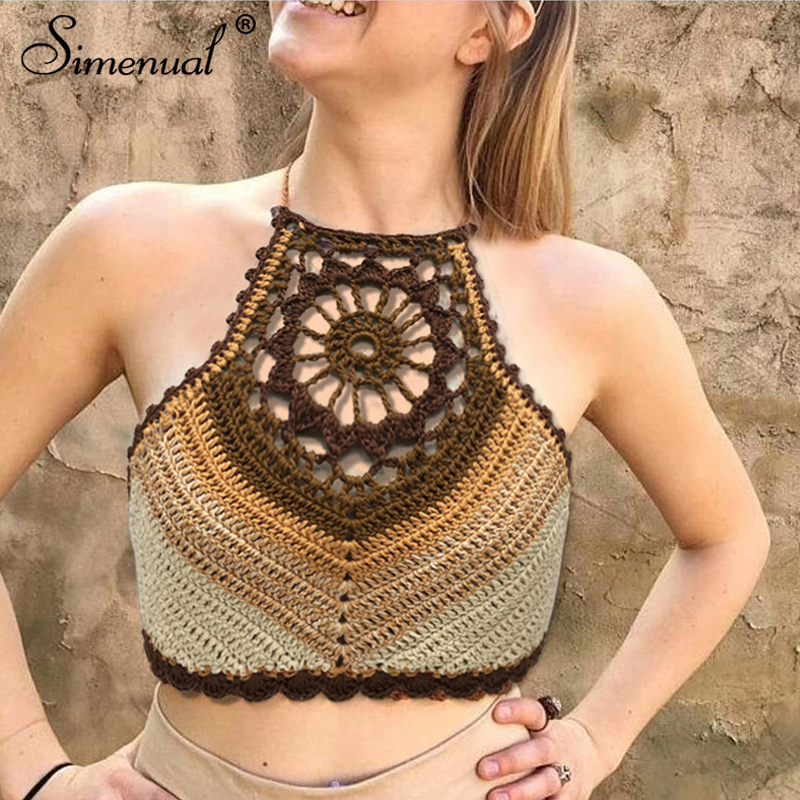 

Simenual BOHO sexy backless halter tops floral beachwear summer crochet handmade camis vintage hollow out swimwear women clothes Y200701, Brown