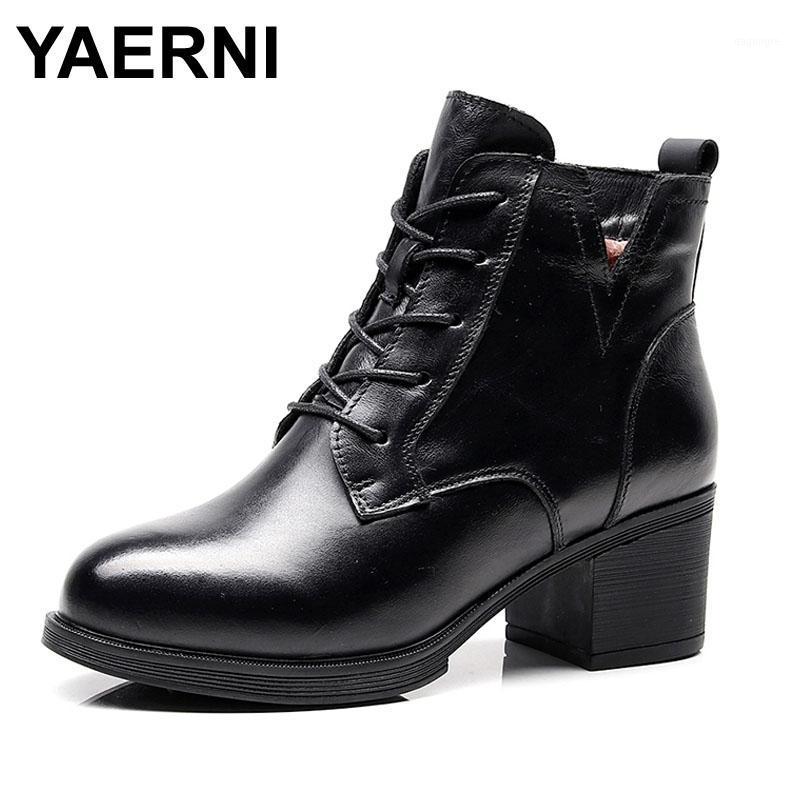 

YAERNI Winter Boots Women Shoes Warm Fur Genuine Leather Ankle Boots Boot Lace up High Heels Platform Women1, Black