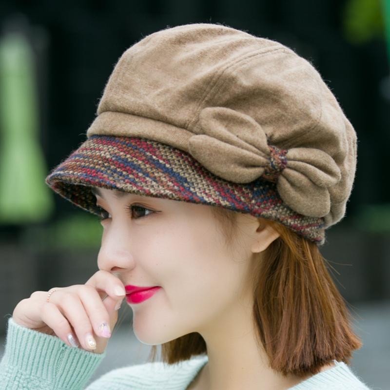 

H7700 Women Beret Hat Girl Winter Autumn Warm Korean Casual Wool Berets Cap Japanese Bowknot Leisure Short Eave Fashion Hats, Black