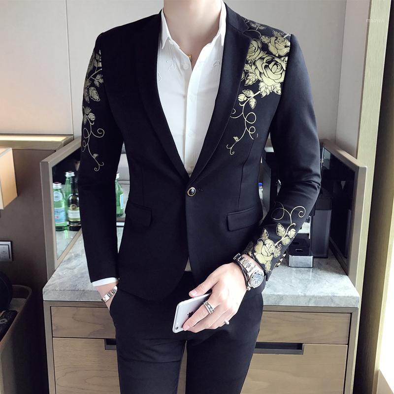 

Men's Suits & Blazers Gold Black Blazer Flower Print Party Wedding Festival Stylish For Men Stage Costumes Singers Slim Fit Blazer1