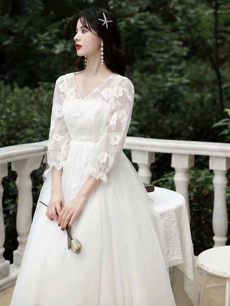 

2021 New "elegant From Tie Wedding Dressed Bride's Dress Novia Zipper Tulper Three-quarter Tea-length Moonlight 9QOQ, Same as image