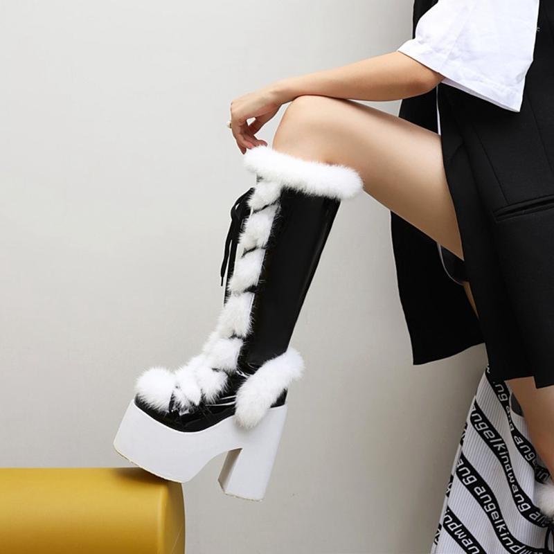 

2020 Small big Size 28-43 Knee High Boots warm thick plush Square High Heel Quality Winter Snow boots for women shoes Z21, Red
