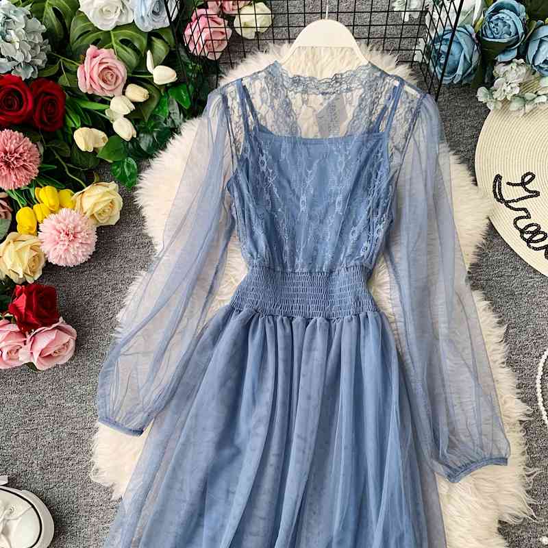 

Casual Mesh Patchwork Dress Women Korean Chic Gentle Wind Female Autumn Long Sleeve V-neck Solid Color Elegant Vestidos, Black;gray