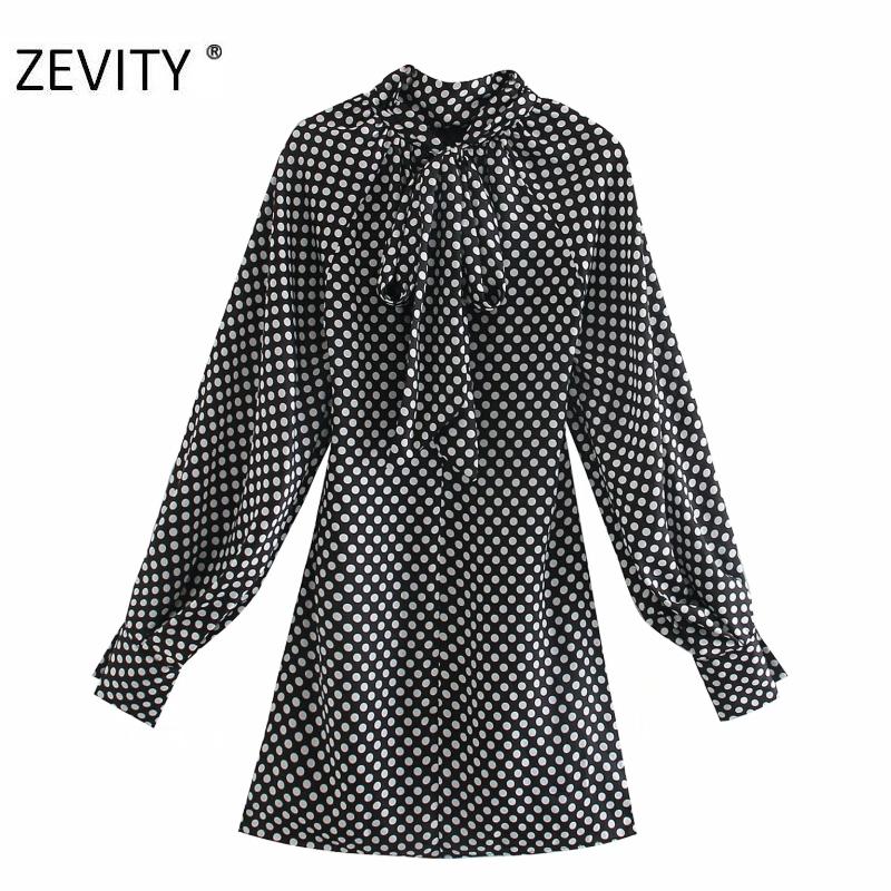 

ZEVITY women vintage bow tied stand collar polka dots print mini dress female lantern sleeve casual vestidos chic dresses DS4426, As pic ds4426o