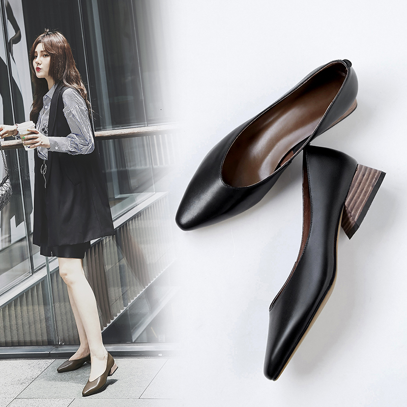 

2021 Hot Women Genuine 22-25cm Cow Pointed Finger of the Foot Office Shoes Low Heels 18YM, Brown.