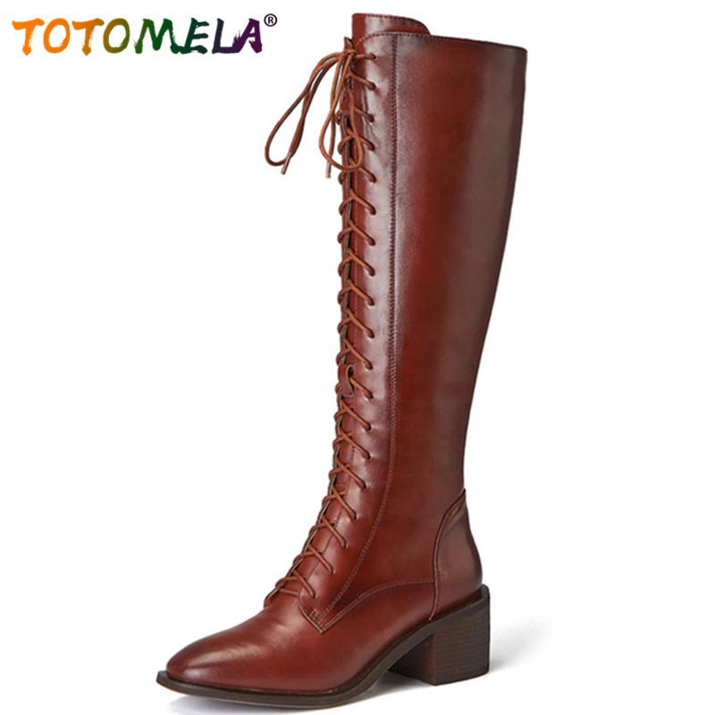 

TOTOMELA 2020 hot sale genuine leather shoes women thick heel knee high boots lace up zip vintage simple riding boots woman, Black