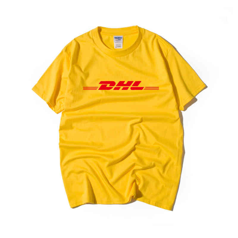 

100% Cotton Dhl t Shirts Letters Printed Yellow Short Sleeve Casual Mens o Neck Funny Tee Men Women, White