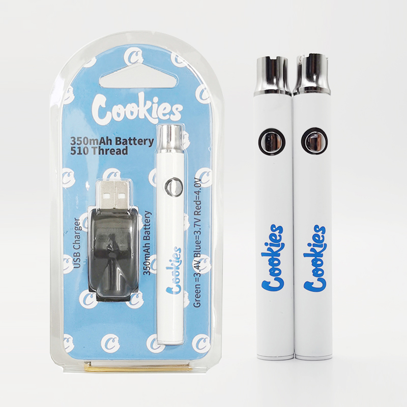 

Cookies Vape Pens Battery 350mAh Adjustable Voltage Vape Cartridges Batteries 510 Preheating Battery USB Charger Clamshell Packaging