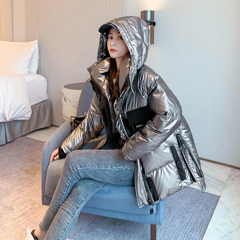 

New Winter Glossy Hooded Down Cotton jacket coat Women Down Parker female students loose bread coat All-match thickened Overcoat, Black