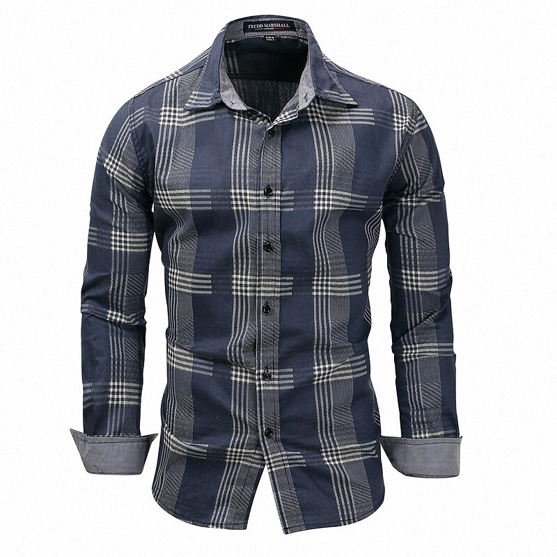 Men's Shirt Plaid Collar Street Daily Button-Down Long Sleeve Tops Cotton Business Casual Comfortable Blue o8EL#
