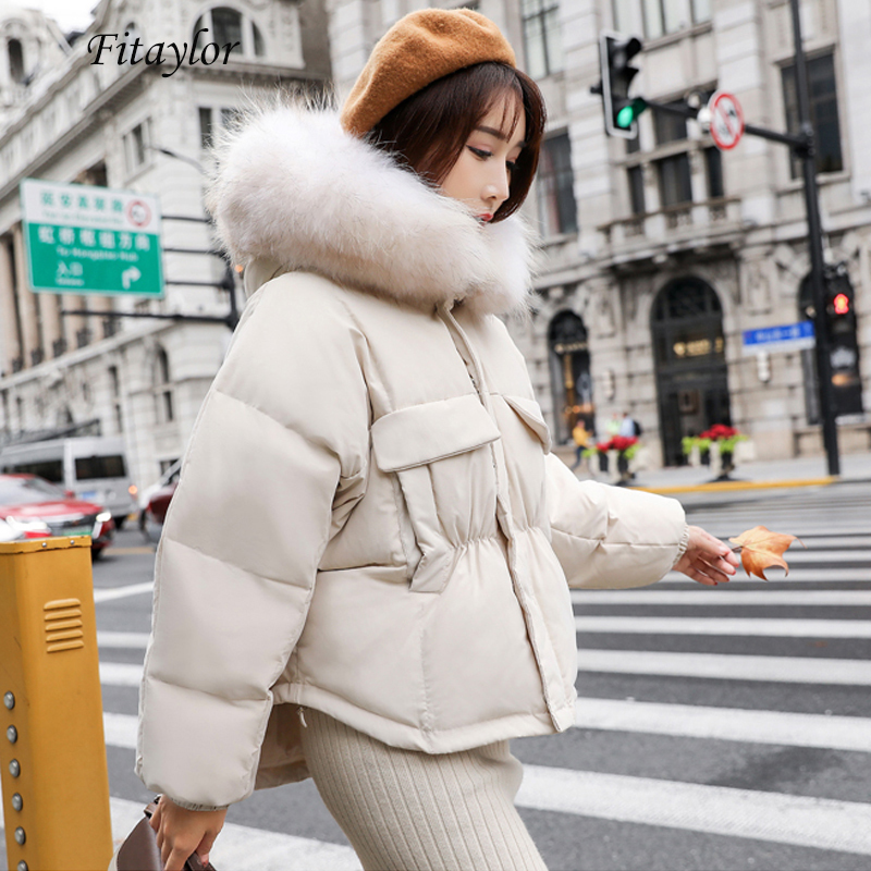

Fitaylor Winter Warm 90% White Duck Down Parka Women Large Real Raccoon Fur Collar Hooded Short Jacket Coat Loose Down Outwear 210204, Beige brown fur