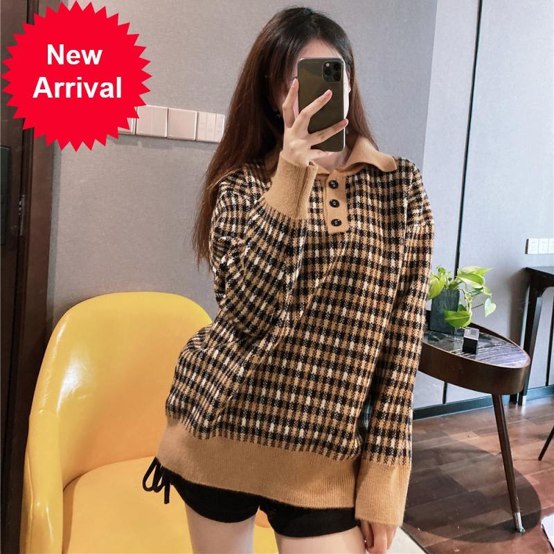 

2021 New Pista Autumn Fashions Matching Lapel Three Long-sleeve Plaid Buttons Loose Mesh Sweater Design of Vintage Clothing Brand V3mo, Khaki.