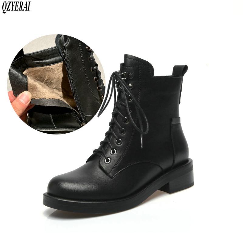 

QZYERAI New winter 100% genuine leather ankle Women boots Round head Female boots Women shoes cowhide Size 34-43, Black