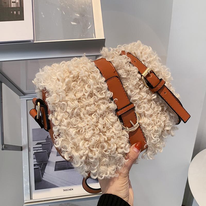 

Contrast color 2021 Winter New High-quality Soft Plush Women's Designer Handbag Lock Shoulder Messenger Bag Purses, Khaki
