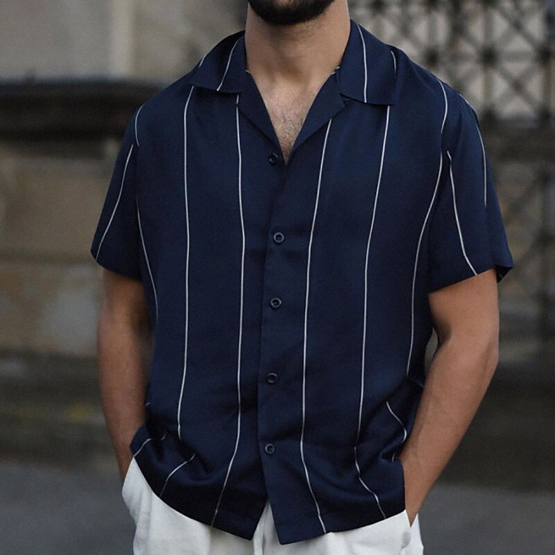 Men's Shirt Striped Collar Street Daily Button-Down Print Short Sleeve Tops Casual Fashion Breathable Comfortable Navy Blue / Summer s8Fq#
