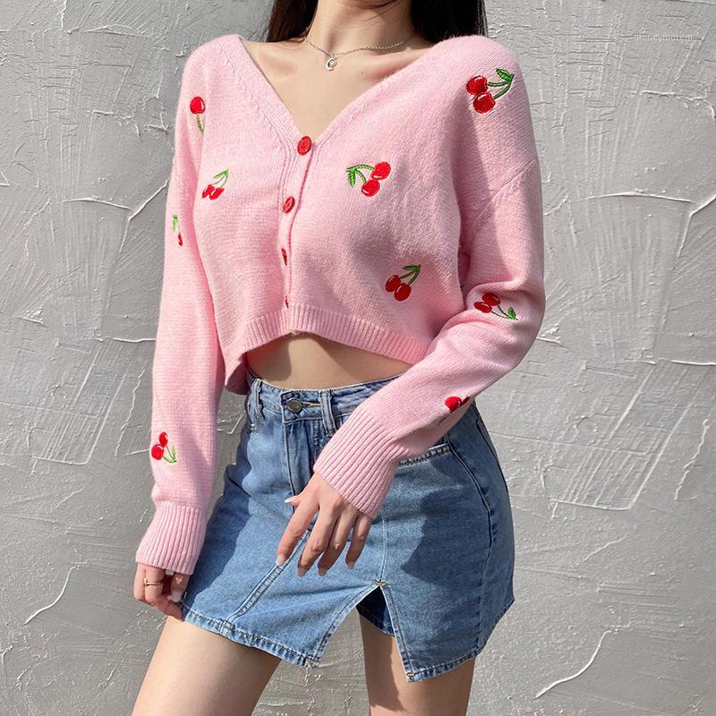 

Casual Knitted Women' Loose Cardigan Fashion Floral Embroidery College Style Sweater Fall Winter 2020 V Neck Streetwear1, White