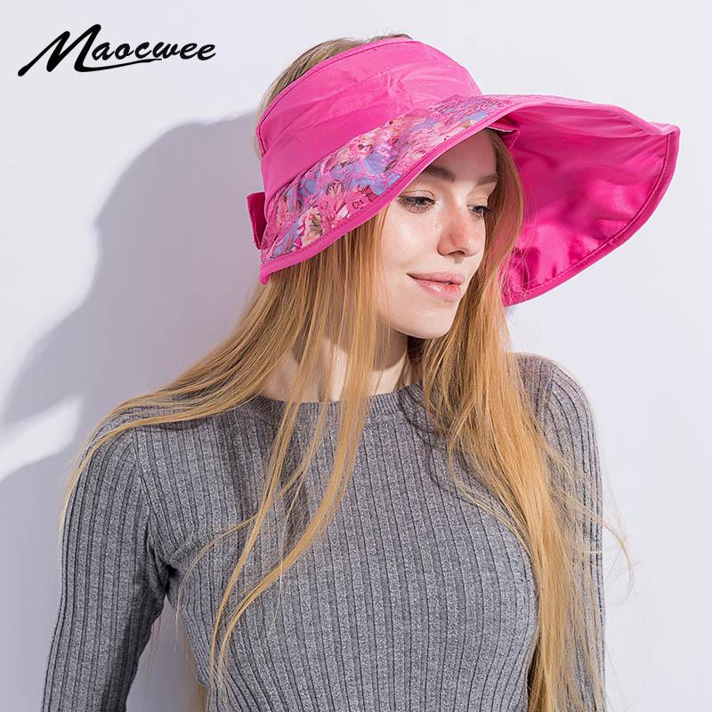 

Wide Brim Hats Fashion Women Lady Summer Foldable Roll Up Sun Beach Empty Top Visor Hat Cap For Girls Lovely Lace Floral Pattern