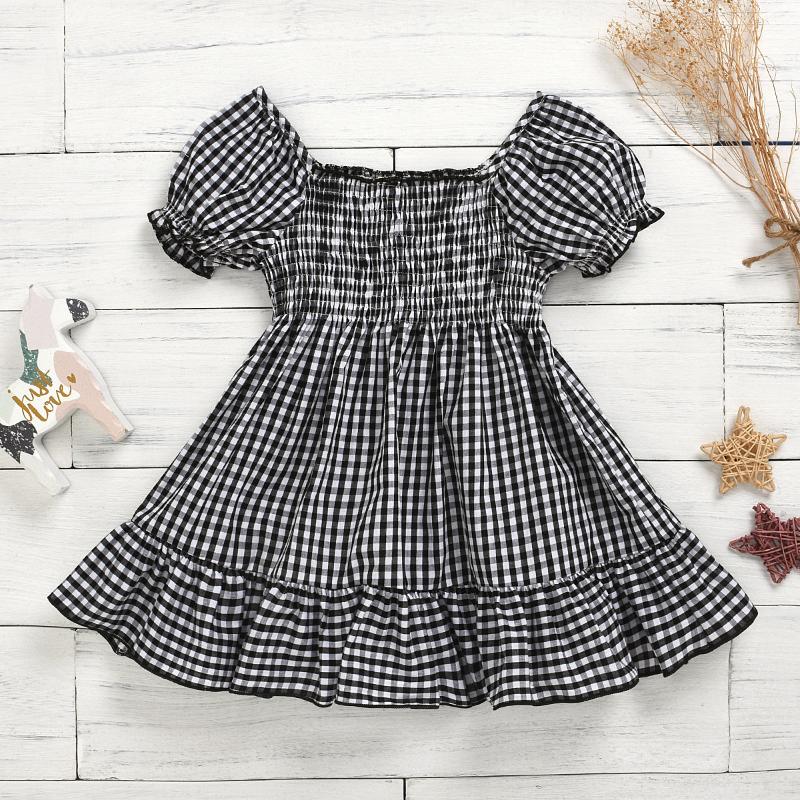 

Summer Girls Dress Short Sleeve Girl Dresses Black and White Grid Kids Dresses Lantern Short Sleeve Princess Dress, As the pic