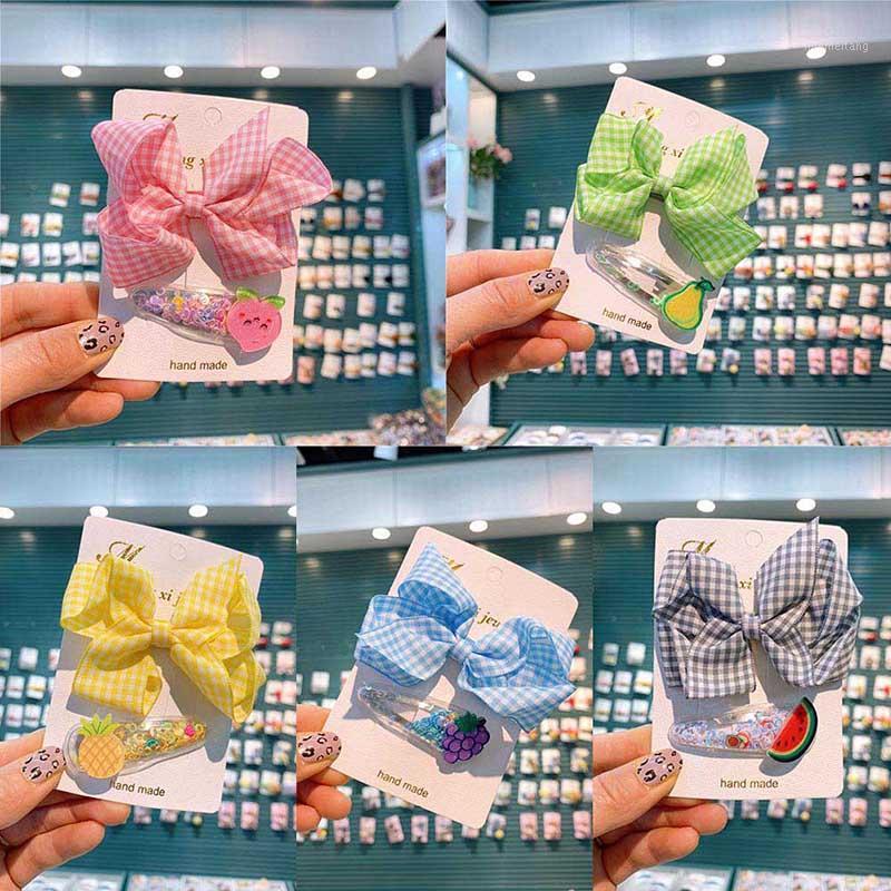 

2Pcs/Set Children Plaid Bowknot Hairpins Clips Transparent Sequin Fruit Kids Shiny Hairgrip Hair Accessories Sweet Baby Barrette1, A2