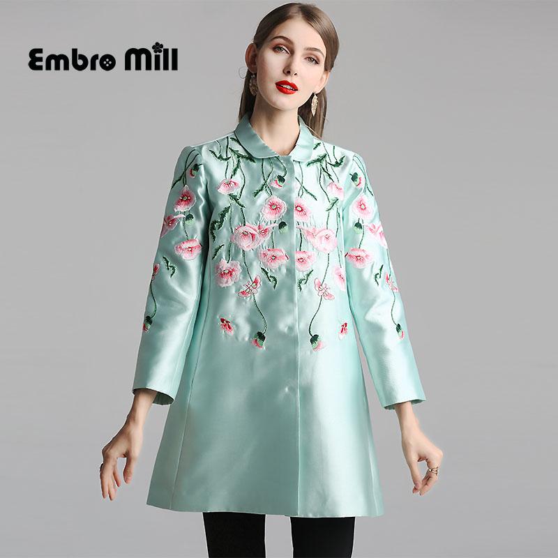 

Autumn The New Slim flower Coat lndie Folk style Retro embroidery Long sleeve elegant women Coat plus size -3XL, Sky blue