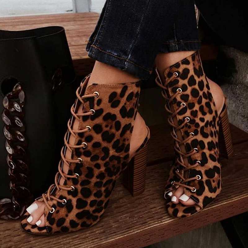 

Perixir Leopard Gladiator Women Chunky Heels Cross-tied Boot Peep Toe Lace Up Pumps Woman Boot Sandals Shoes Size 35-42 botas, Leopard print