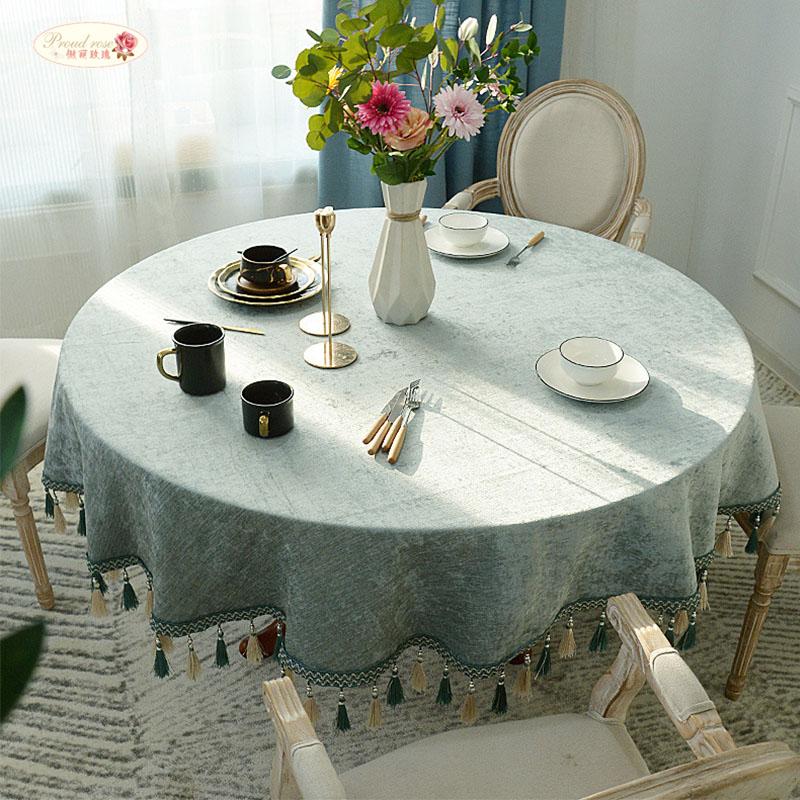 

Proud Rose Top Grade Round Table Cloth Chenille Table Cover Solid Color Tablecloth with Pendants Living Room Hotel Supplies, Style 2