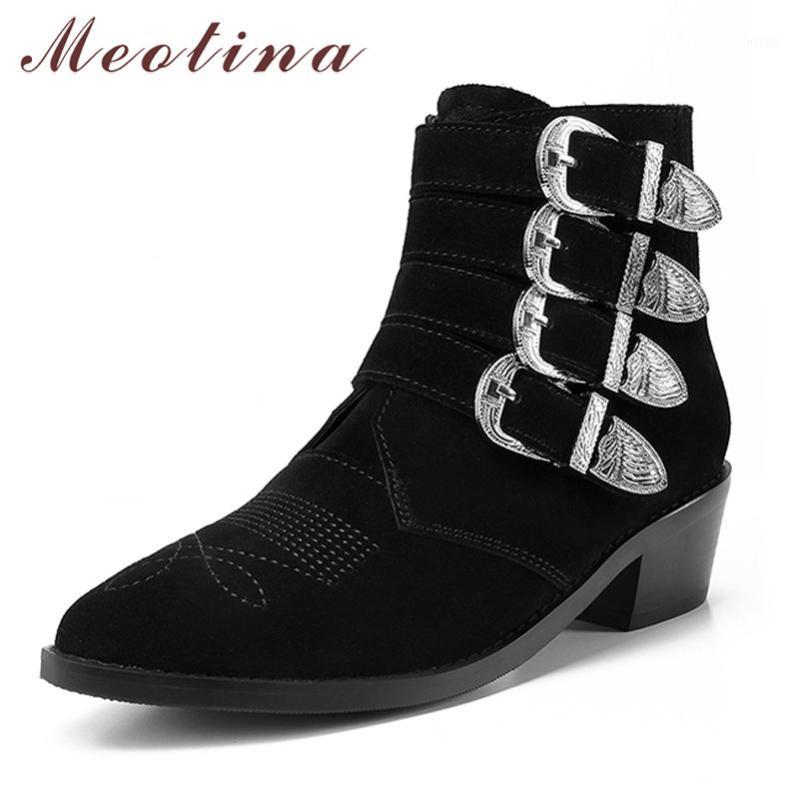 

Meotina Ankle Boots Women Shoes Cow Suede Mid Heel Short Boots Pointed Toe Thick Heels Buckle Ladies Black Autumn Size 421