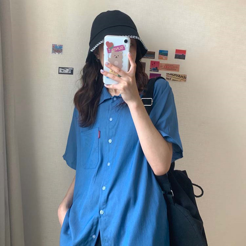 

2021 New Korean style cotton shirt short sleeve shirts turn down collar womens tops and blouse (f3976) GS6L, Blue