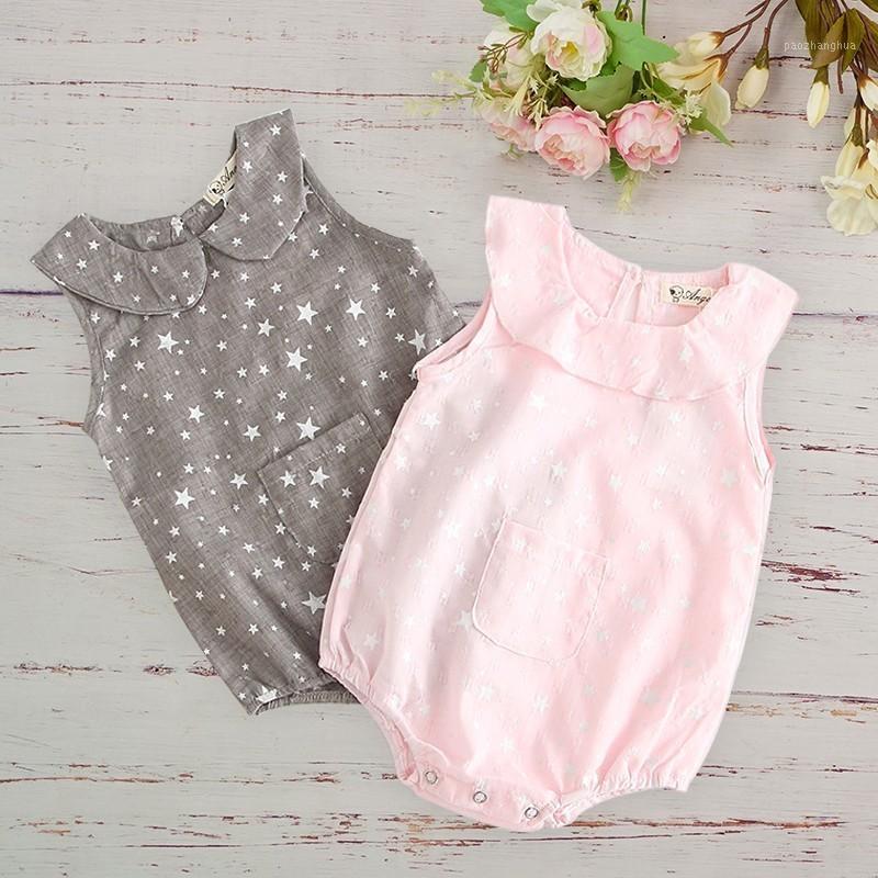 

2020 Baby Girl Outfit Cotton Sleeveless Rompers Summer Small Stars Pockets New Born Clothes Toddler Grey Pink Romper Jumpsuit1, Gray