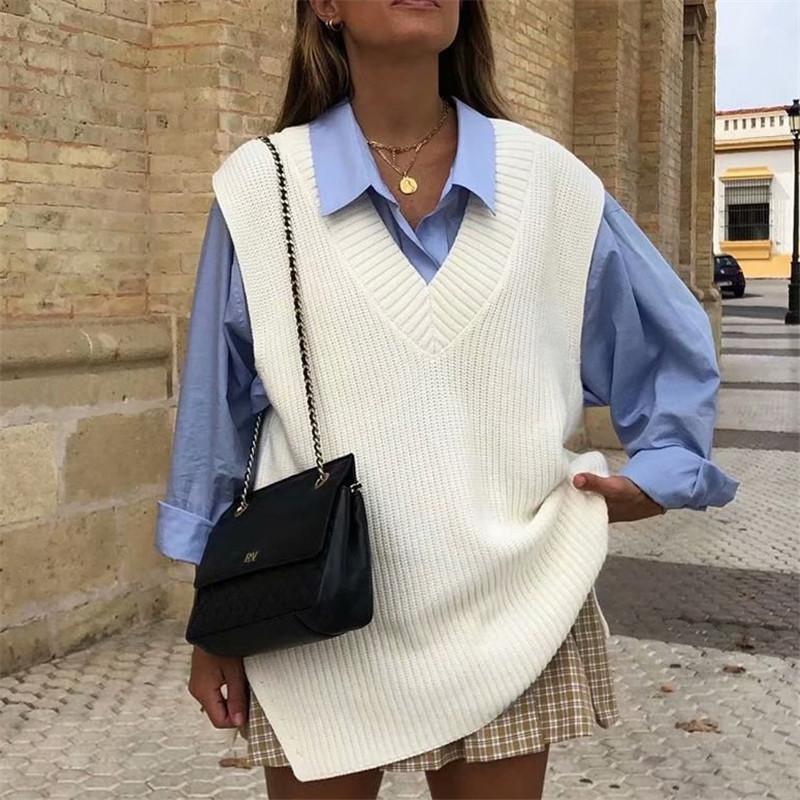

White V-Neck Coat Vest Winter cosy sleeveless loose women' Pullover Streetwear casual soft sweater 2021 NEW