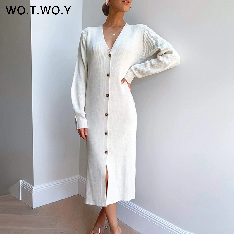 

WOTWOY Autumn Winter Basic Long Cardigans Women Casual Single Breasted V-neck Knitting Sweaters Female Button Sweater Lady 201203, Ws20180lightgreen