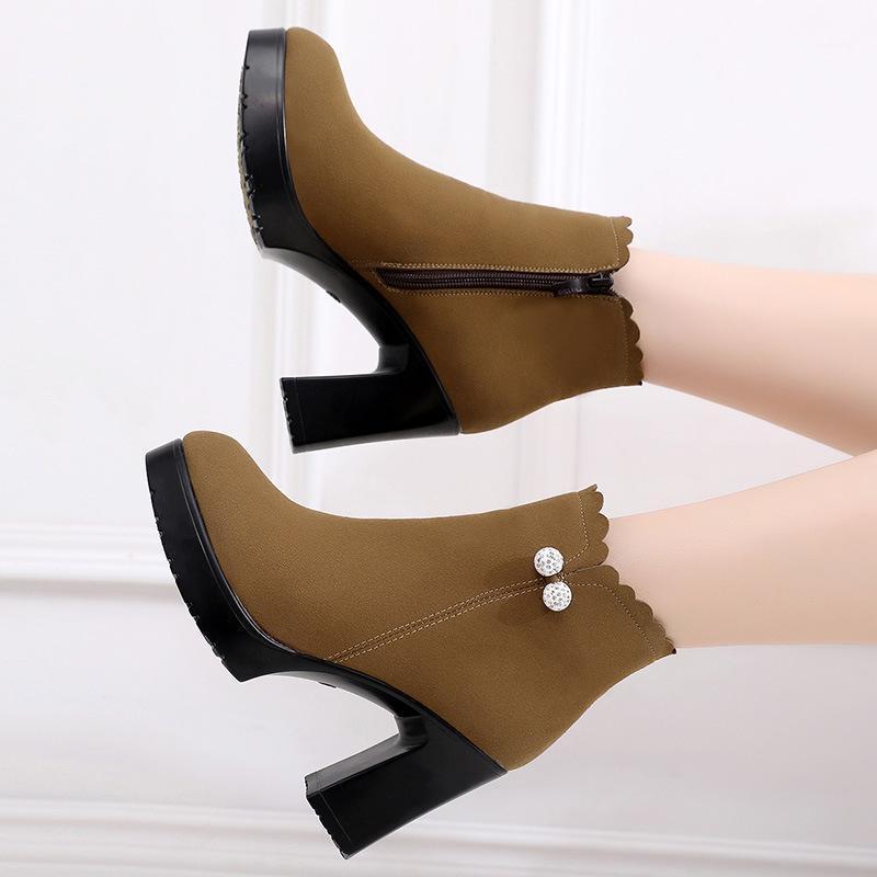 

Block Heel Platform Boots Women Shoes 2020 Fall Winter Suede Plush High Heels Ankle Boots Ladies Short Warm Boot 41 42 431, Brown fur inside
