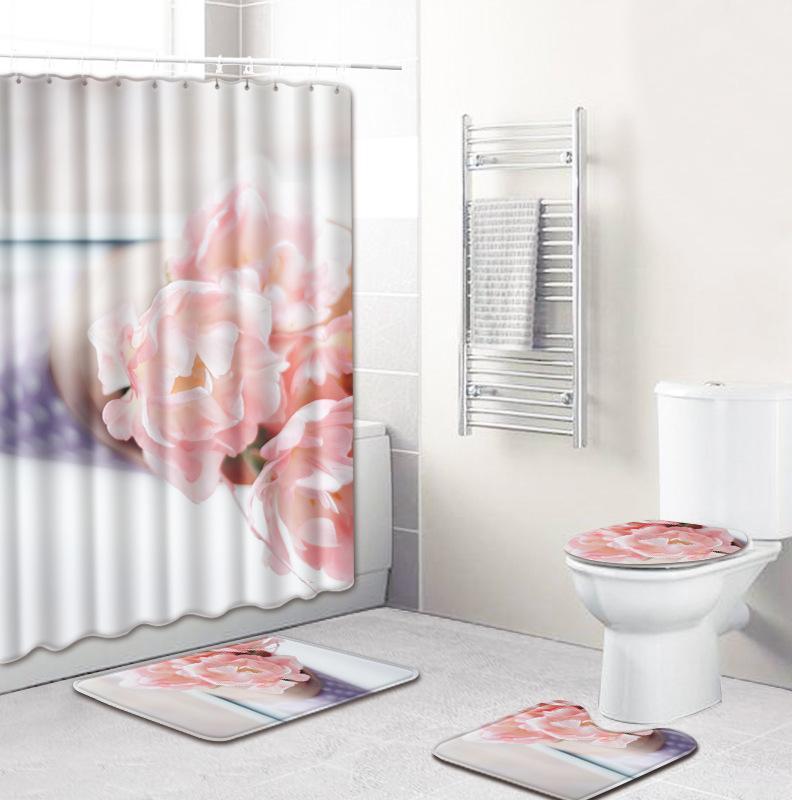 

4pcs Bathroom Set Floral Shower Curtain Luxury Bath Curtain Shower Sets with Hooks Waterproof Bathroom Decor Set1