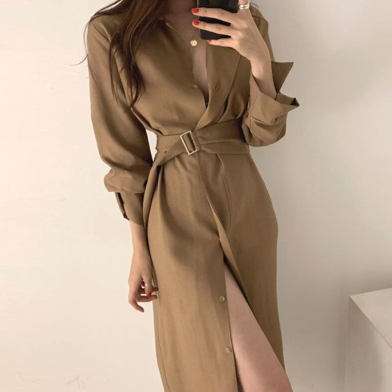 

2021 New Eleagnt Dressed Female Korean Fall Lady Retro-lapel Office Medium Length Lace Up Waist Long Sleeve Track Engraved Dress LGZ8, Beige
