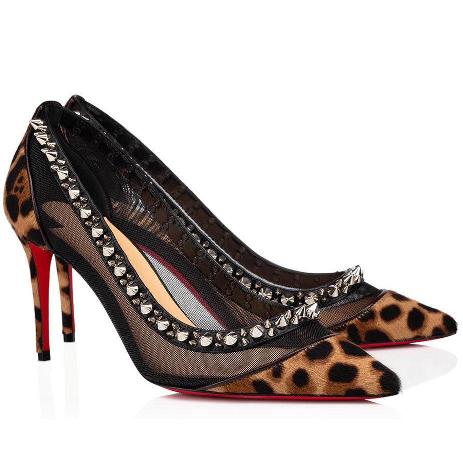 

Fashion Women's Heels Red Bottom High Heels Galativi Spikes Fishnet Pointed Toe Pumps Brown Silver rivets,paris woman pumps, Black
