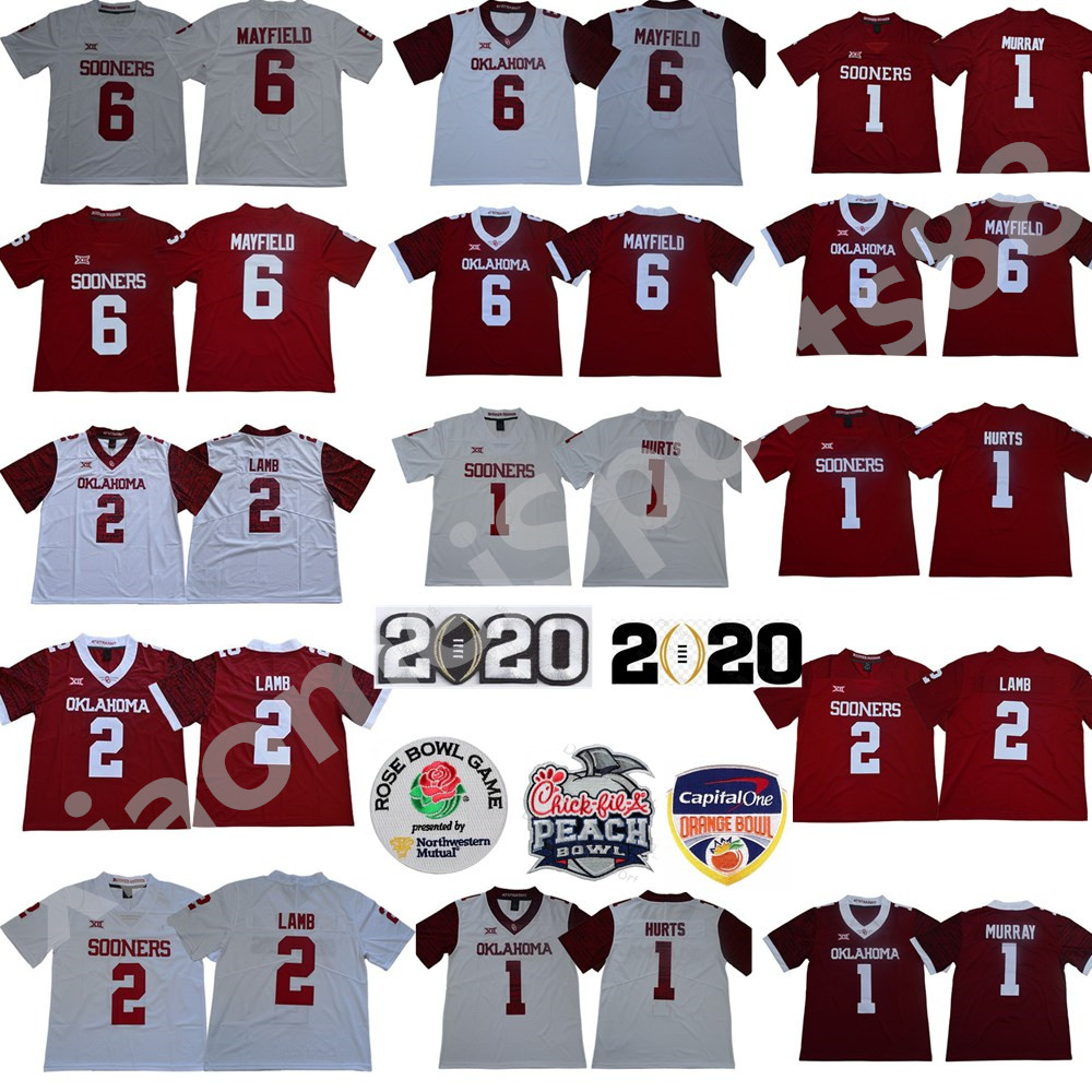 

NCAA Oklahoma Sooners 1 Jalen Hurts Jersey 2 CeeDee Lamb Baker Mayfield Kyler Murray Red White College Football Rose Peach Bowl 2020 150TH, As shown in illustration