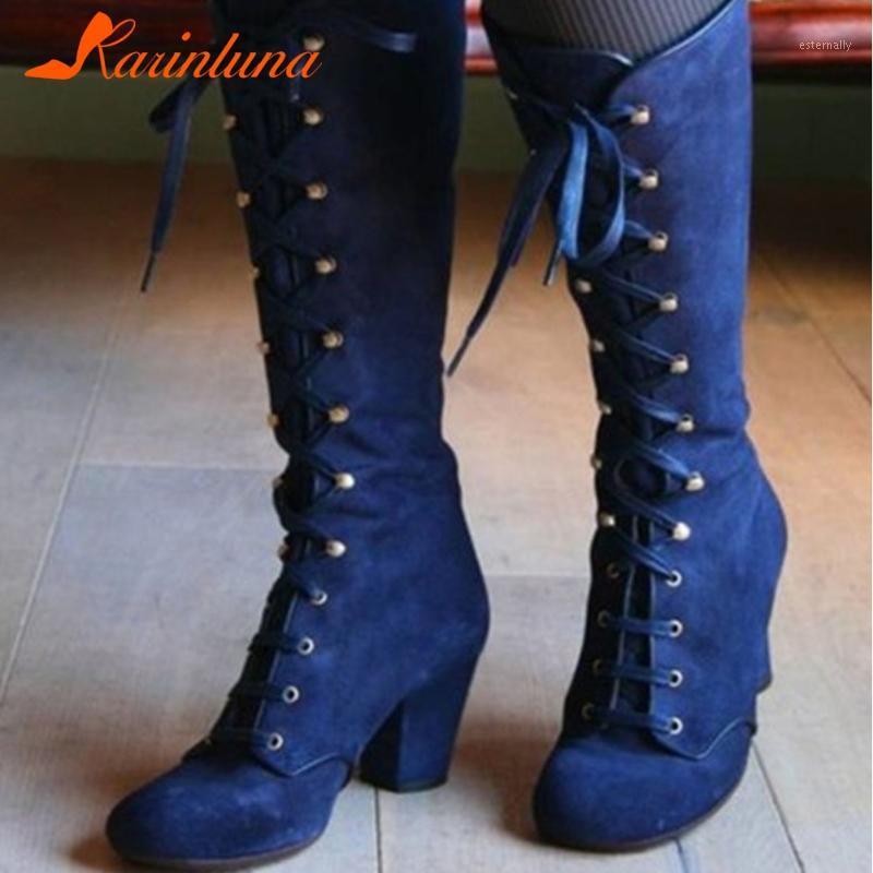 

Karin 2020 New Arrivals Chunky High Heels Mid Calf Boots Woman Shoes Lace Up Add Fur Autumn Winter Boots Ladies1, Black