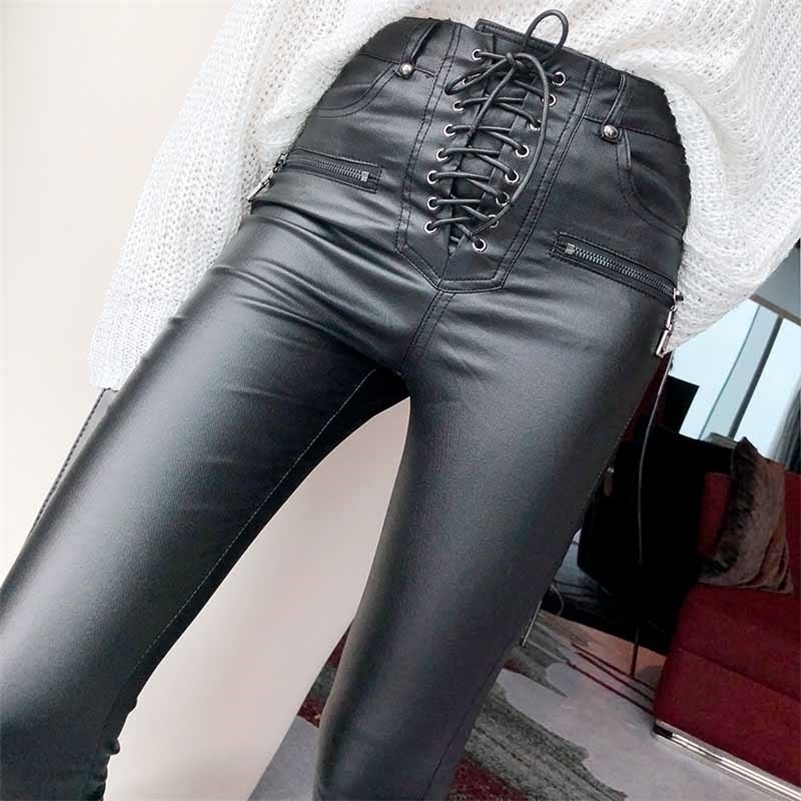 

New Women Pants Fashion PU Leather Trousers Lace-up High Waist Skinny Pencil Pants Zipper Cuff Faux Leather female pants 904F 201228, Black