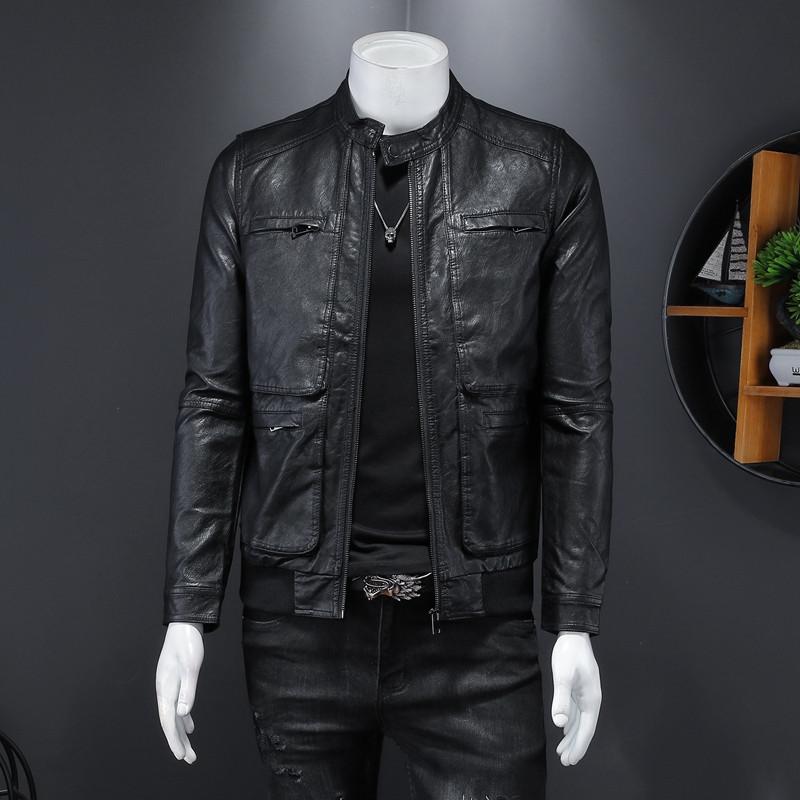 

Men's Fur & Faux Leather Jacket Men Autumn Fashion Slim Fit Pu Jackets Mens Stand Collar Casual Coats Motorcycle Streetwear, Black