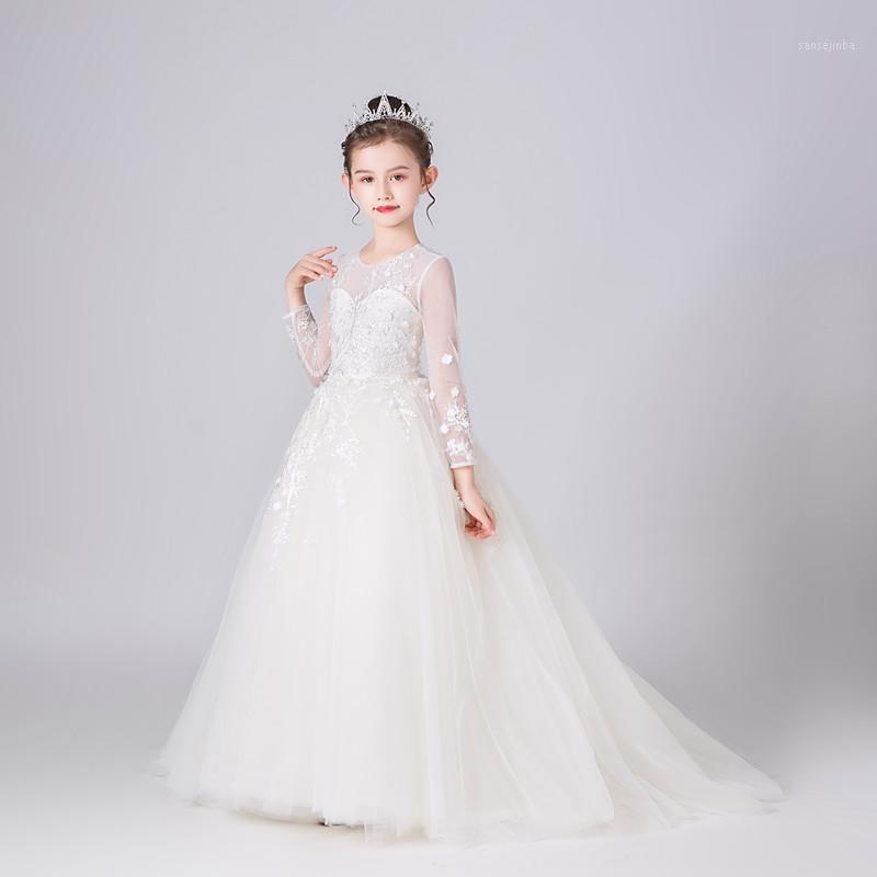 

Kid Girls Princess Dress Formal Pageant Gowns With Long Sleeves Ivory Applique Flower Girl Dresses For Wedding Birthday Party1, As picture