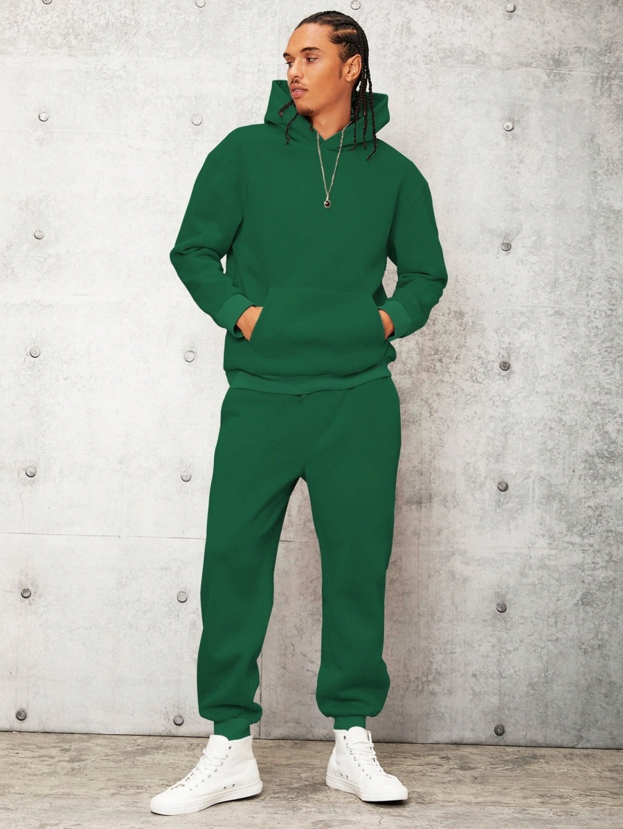 

Men Drop Shoulder Kangaroo Pocket Hoodie & Sweatpants i9mB#, Dark green