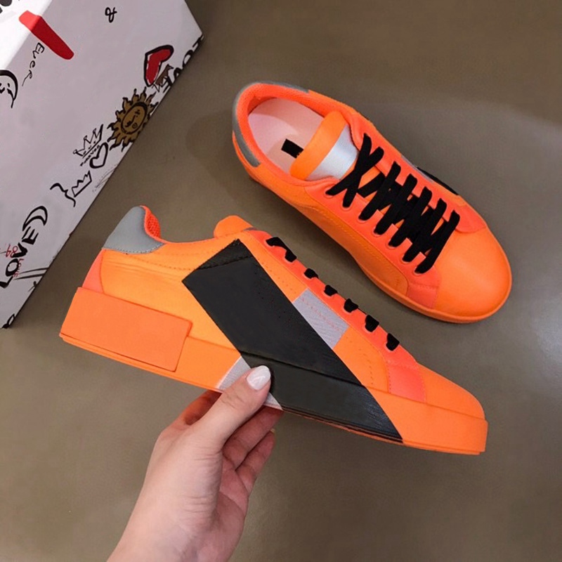 

Men Sneakers in Fluorescent Nylon with Logotape Orange Silver Yellow Leather Flat laces Tennis Sneaker Mens Low Top Classic Casual Shoes