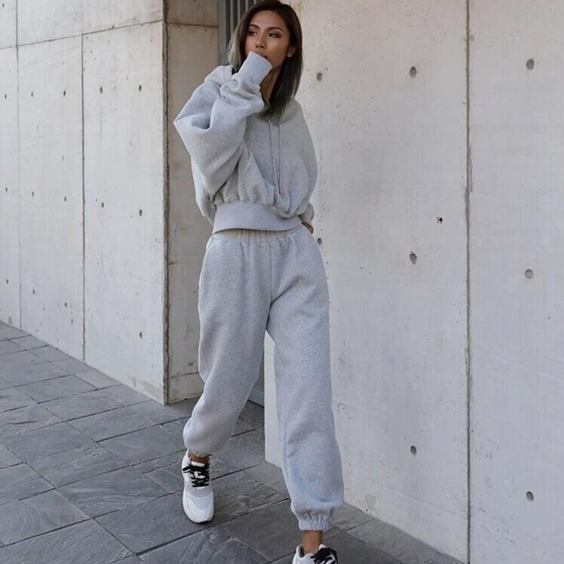 

Sporty Two Piece Outfits for Women Solid Lantern Sleeves Hooded Tracksuit Elastic Waist Full Length Pants 2 Piece Set Women, Light brown