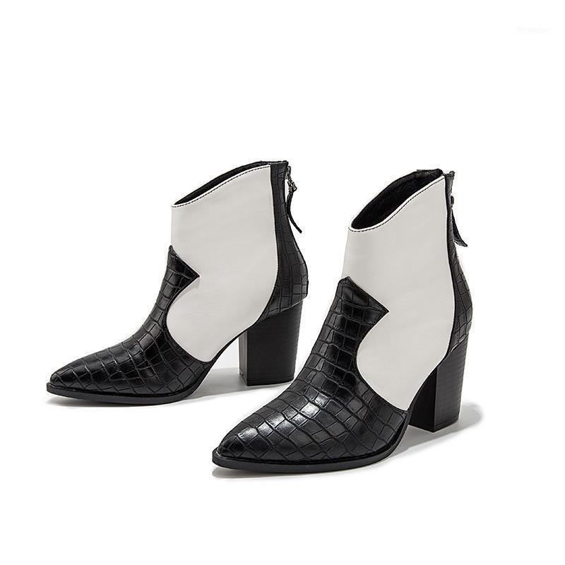 

Snakeskin Colorblock Booties Women's 2021 New European and American High Heel Autumn Fashion Boots Pointed Elegant Boots1, Black and white