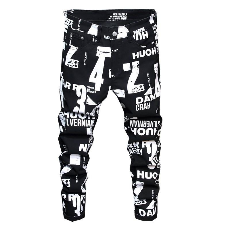 

European And American Digital Printing Jeans Mens Letter Graffiti Painted Skinny Pants Hip Hop Casual Stretch Denim Trousers, Black