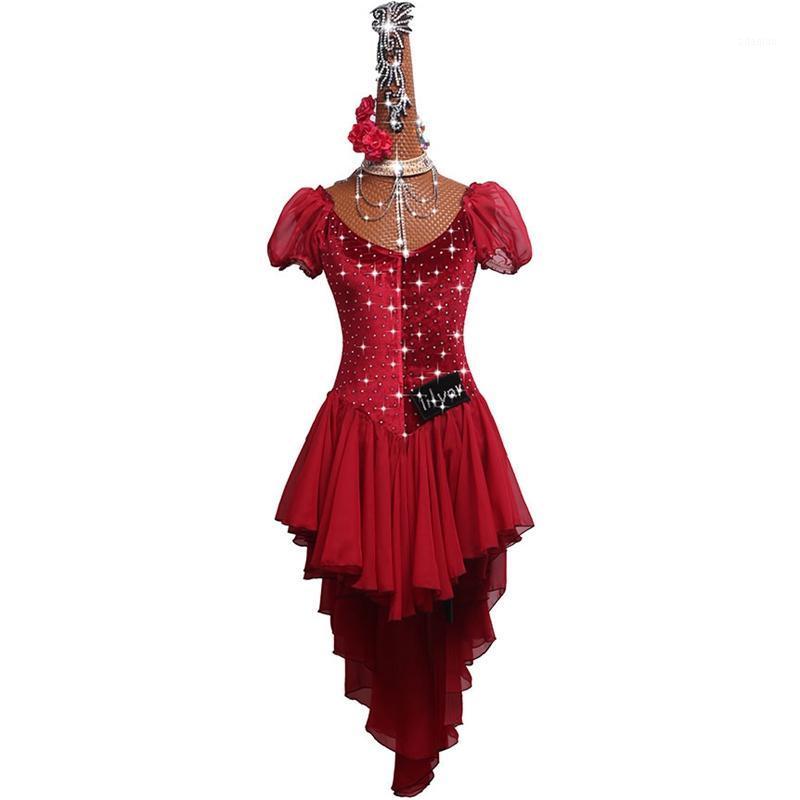 

Sparkly Rhinestone Latin Competition Dance Dress Performance Costume Latin Dance Skirt Female Wine Red Chiffon Pleated Skirt1, Only dress