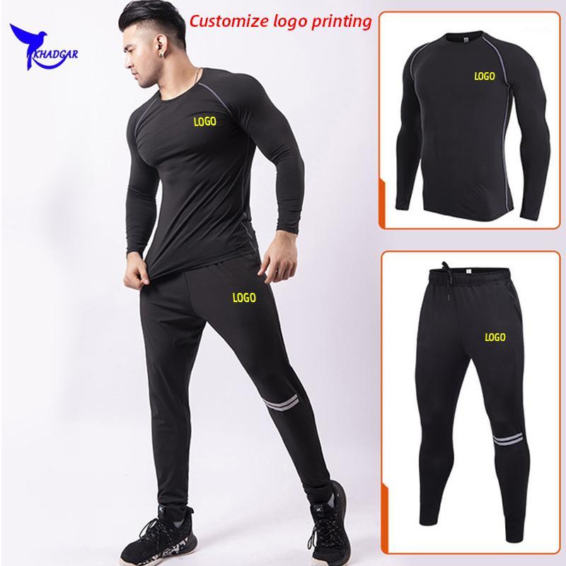 

2020 Long Sleeve Shirts+Sweatpants 2 Pcs Sports Suit Men Quick Dry Stretch Running Set Gym Fitness Training Sportswear Custom1, Black grey
